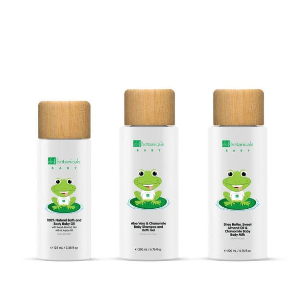Dr Botanicals Baby Collection Kit with shampoo and bath gel, baby body oil and body milk