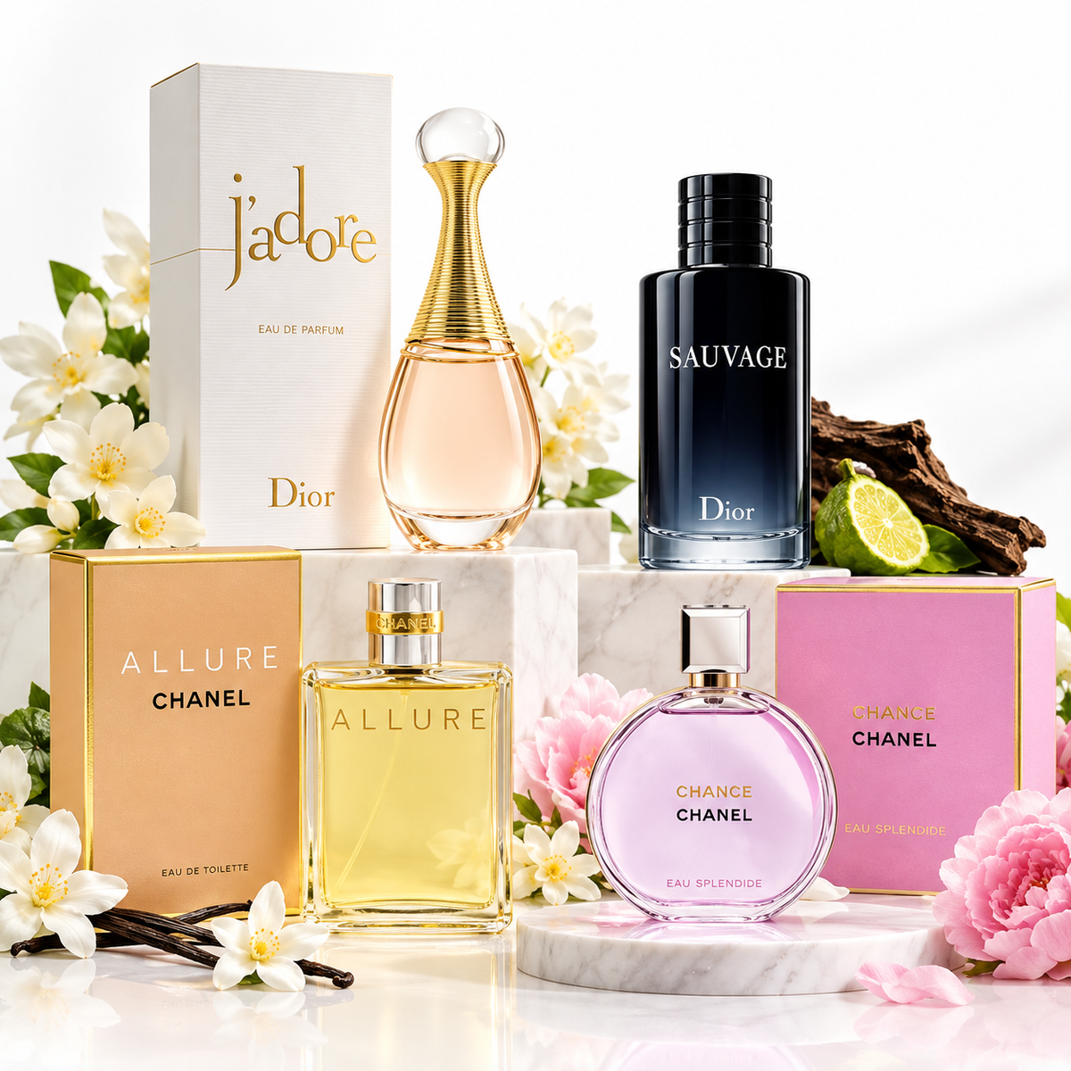 Luxury fragrance bottles arranged in a softly lit setting