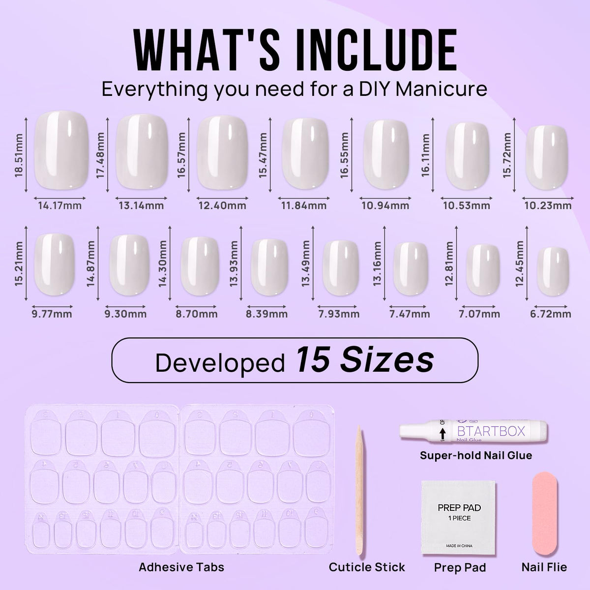 BTArtbox Short Press On Nails – Vanilla Glazed, White Soft Gel, 15 Sizes, 30 Nails