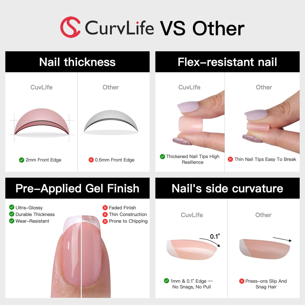 CurvLife Oval French Press On Nails Short – Soft Gel Salon Quality False Nails