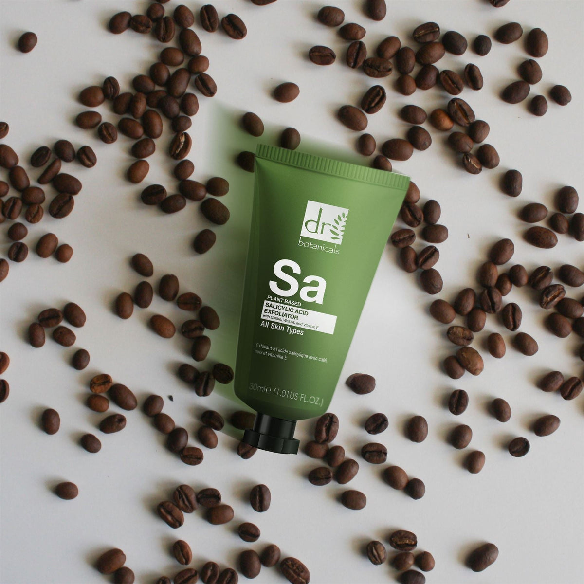 Dr Botanicals Coffee and Walnut Facial Exfoliator in a skincare setting