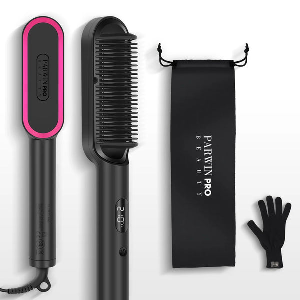 PARWIN Ion Hair Brush Straightener in Black with Pink Trim