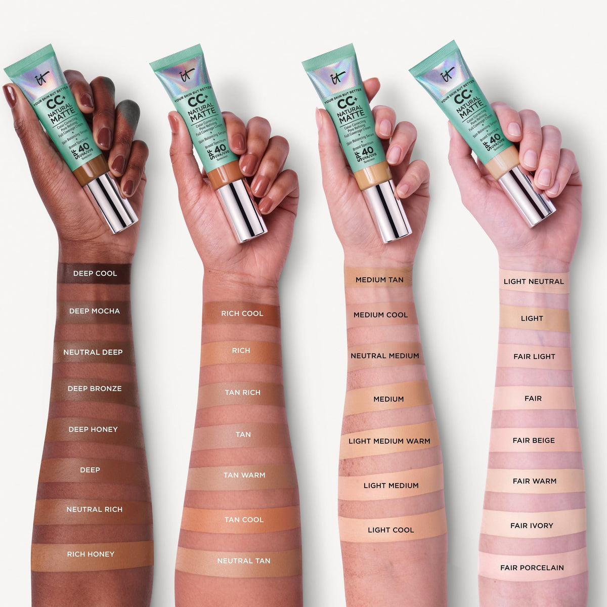 IT Cosmetics CC+ Cream Natural Matte Deep Cool – SPF 40, 16HR Shine Control, Poreless Full Coverage